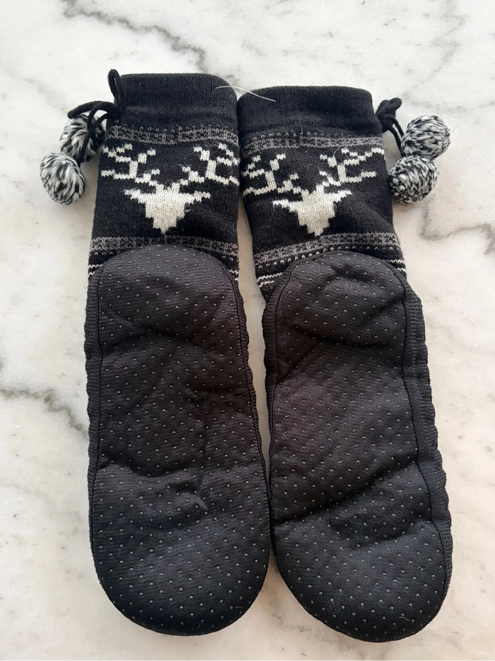 Cozy Black & White Reindeer Knit Slipper Socks
